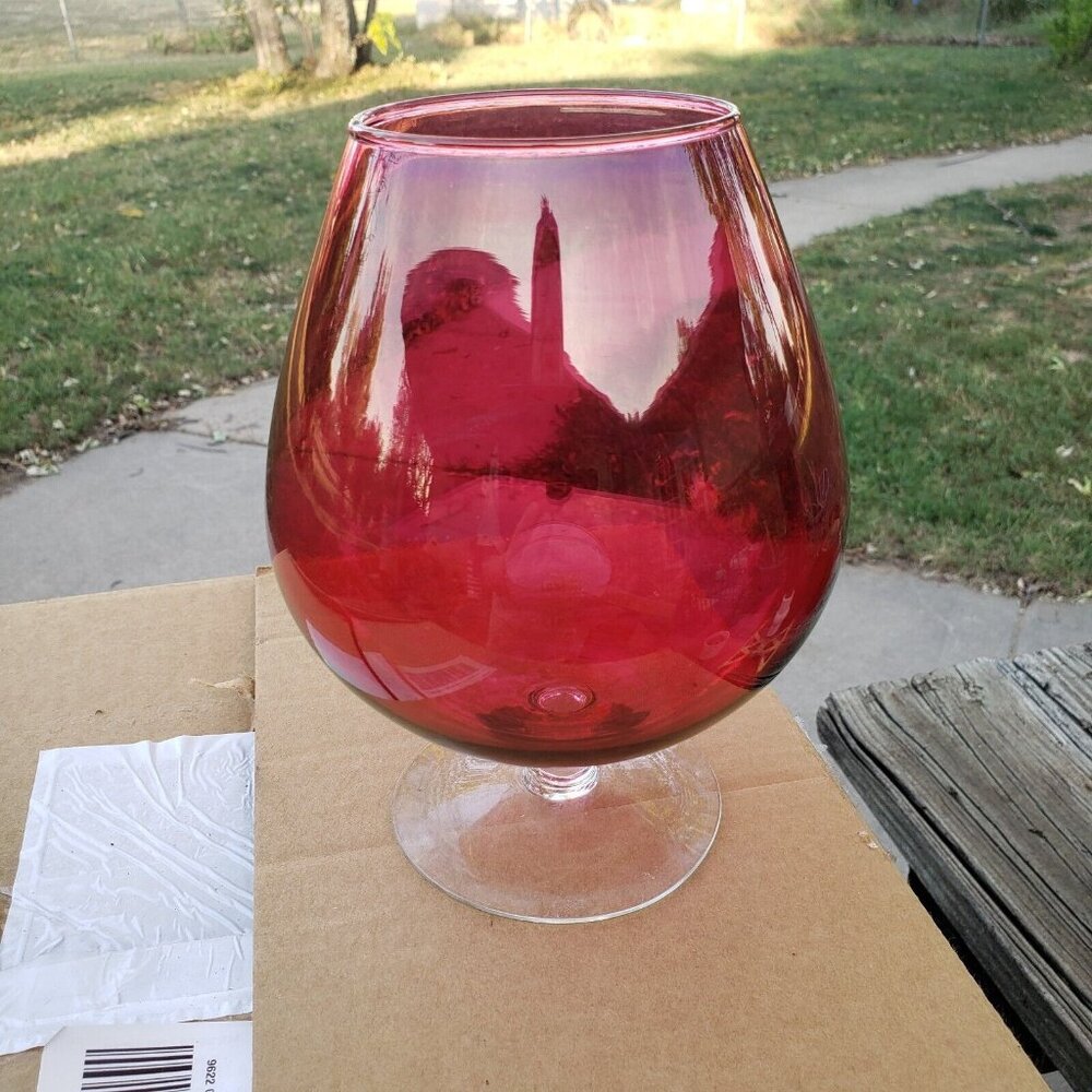 Large Vtg Hand Blown Red Cranberry Glass Brandy Snifter Clear‎ Stem